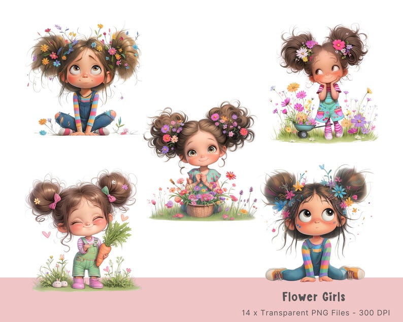May include: Four digital illustrations of girls with flowers in their hair. Each girl is wearing a different outfit and has a different expression. The illustrations are in a cartoon style and have a whimsical feel.
