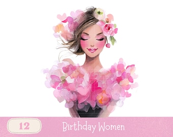 Birthday Girl Watercolour Clipart, Party Illustrations 12 JPGs Digital Download