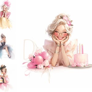 12 Clipart di compleanno per donne Clipart di festa Stampabile Clipart ad acquerello Alta qualità JPG Carta artigianale Diari spazzatura, Clipart di compleanno Palloncini