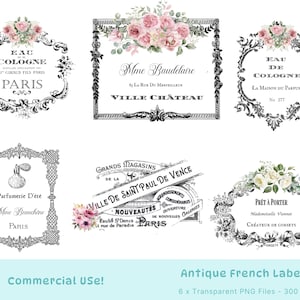 6 x Vintage französische Etiketten PNG, Etiketten, Junk Journals, Fussy Schnitte, Vintage Ephemera, Französische Werbeetiketten PNG, Paris Clipart, Paris PNG