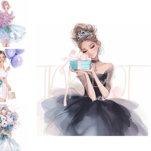 Clipart di ragazze di compleanno Clipart di festa 14 Clipart di acquerello stampabile di alta qualità JPG Giornali di carta artigianale, Clipart di compleanno Ephemera