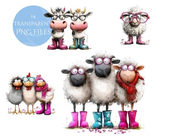 Quirky Farm Yard Animals Clipart , 14 Transparent PNG Files - Digital Download Funny Animals in Boots Clipart