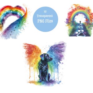 May include: Watercolour illustrations featuring a rainbow, a dog with rainbow wings, and a path with paw prints leading to a rainbow. A blue circle in the centre has the text "12 Transparent PNG Files".