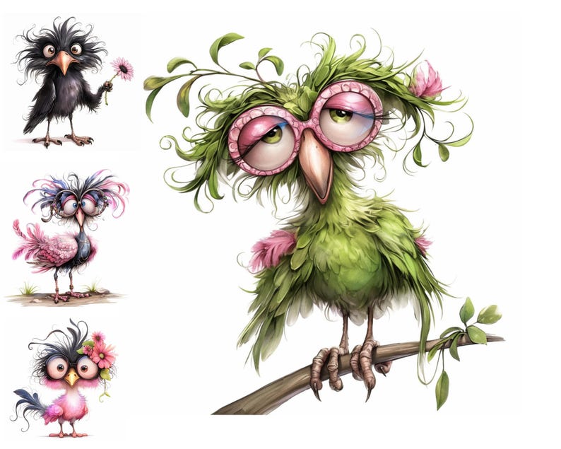 K&ouml;nnte beinhalten: Drei Cartoon-V&ouml;gel mit skurrilen Merkmalen. Der erste Vogel ist schwarz mit einer rosa Blume. Der zweite Vogel ist rosa mit gr&uuml;n-rosa Federn. Der dritte Vogel ist gr&uuml;n mit rosa Brille und rosa Federn und sitzt auf einem Ast.
