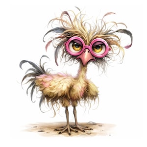 K&ouml;nnte beinhalten: Eine Cartoon-Illustration eines Vogels mit rosa Brille und unordentlichen Federn. Der Vogel hat einen gelben K&ouml;rper mit rosa Akzenten und steht auf einer braunen Oberfl&auml;che.