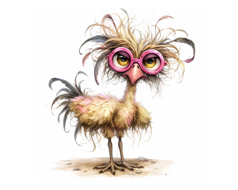K&ouml;nnte beinhalten: Eine Cartoon-Illustration eines Vogels mit rosa Brille und unordentlichen Federn. Der Vogel hat einen gelben K&ouml;rper mit rosa Akzenten und steht auf einer braunen Oberfl&auml;che.