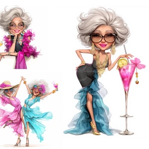 以下が含まれることがあります： デジタルイラスト。グレーヘアの女性がサングラスと黒いドレスに青いフリルを合わせ、ピンクのカクテルを持っています。他の画像では、彼女が友人と一緒に飲み物を楽しんだり、ファッショナブルな服装をしています。