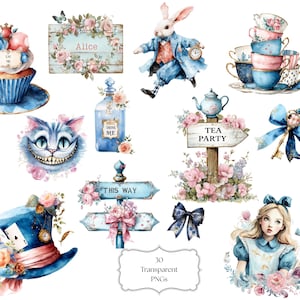 Alice im Wunderland Clipart 30 PNG Clipart Aquarell Illustrationen Teekanne Kleid Mad Hatter Teeparty Elemente Alice Clipart Junk Journal