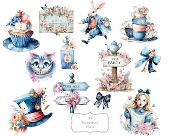 Images clipart d'Alice au pays des merveilles : 30 illustrations aquarelles au format PNG - Téléchargement numérique