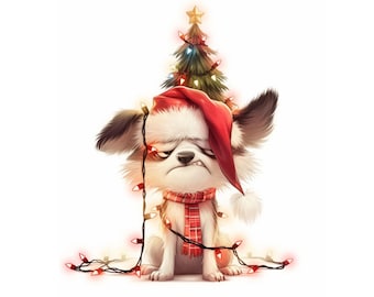 May include: A white and black dog wearing a red Santa hat and a red and black plaid scarf. The dog is tangled in Christmas lights and has a grumpy expression on its face.