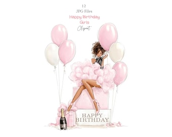 Clipart de cumpleaños para niñas, clipart de acuarela imprimible, JPG - Descarga digital