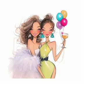 May include: Two women friends in evening dresses, one wearing a white feathered shawl and the other a green dress, are smiling and holding a glass of champagne. They are celebrating with colorful balloons.