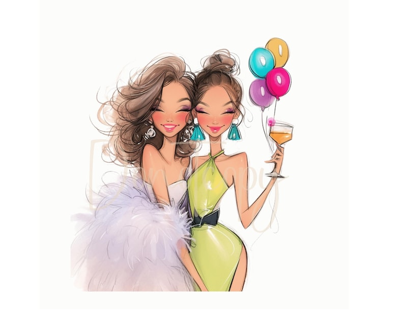 May include: Two women friends in evening dresses, one wearing a white feathered shawl and the other a green dress, are smiling and holding a glass of champagne. They are celebrating with colorful balloons.