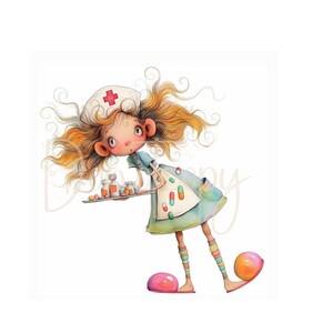 Peut inclure: Une illustration de dessin anim&eacute; d'une infirmi&egrave;re avec une croix rouge sur son chapeau, tenant un plateau avec des bouteilles et des pilules. Elle porte une robe bleue et verte avec des pilules color&eacute;es dessus. Elle est debout sur deux grosses boules roses.