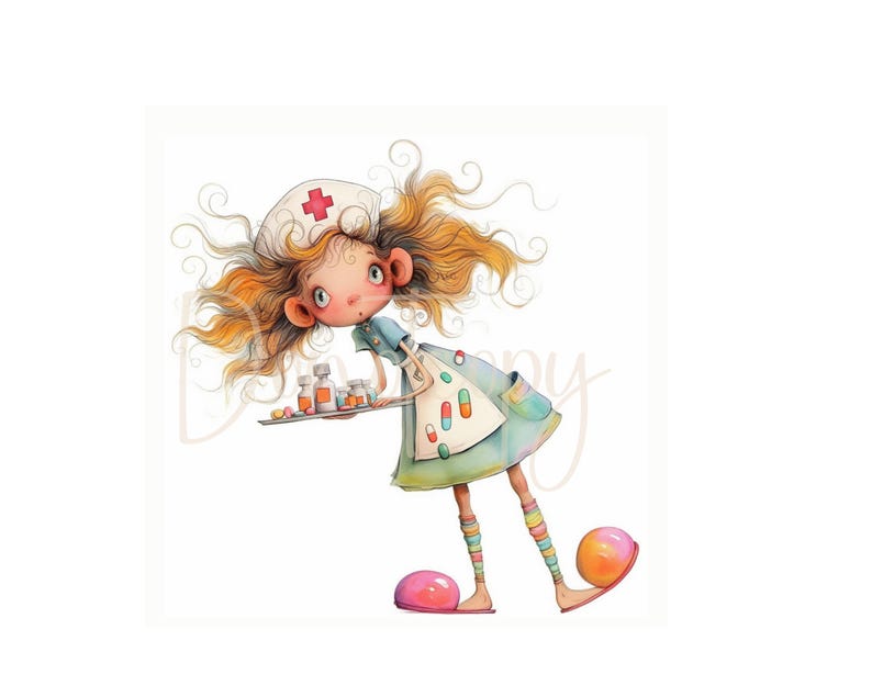 Peut inclure: Une illustration de dessin anim&eacute; d'une infirmi&egrave;re avec une croix rouge sur son chapeau, tenant un plateau avec des bouteilles et des pilules. Elle porte une robe bleue et verte avec des pilules color&eacute;es dessus. Elle est debout sur deux grosses boules roses.