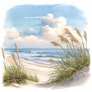 Könnte beinhalten: Aquarellmalerei einer ruhigen Strandszene. Das Kunstwerk zeigt einen Sandstrand mit sanften Wellen, hohem grün-braunem Seegras und einem hellblauen Himmel voller flauschiger weißer Wolken. Das Gesamtthema ist küsten- und naturbelassen.
