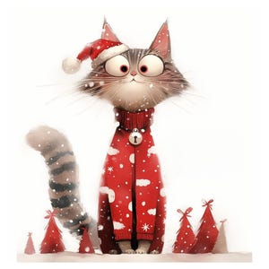 May include: A cartoon cat wearing a red and white Christmas sweater with a bell and a Santa hat. The cat has a white background with small white snowflakes.
