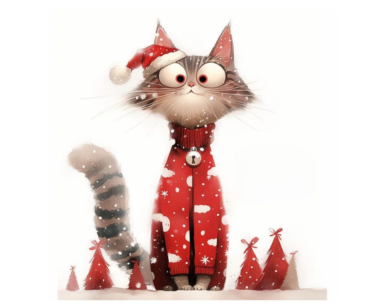 May include: A cartoon cat wearing a red and white Christmas sweater with a bell and a Santa hat. The cat has a white background with small white snowflakes.