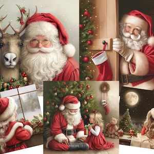Vintage Père Noël avec renne Clipart Bundle 15 fichiers JPG aquarelle haute résolution pour la journalisation indésirable, scrapbooking, travaux manuels, téléchargement numérique, Noël