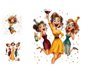 Imágenes prediseñadas de mujeres de fiesta: 13 imágenes JPG de acuarela de alta resolución para álbumes de recortes, tarjetas y descarga digital.