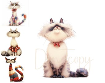 Imágenes prediseñadas de gatos: 14 imágenes JPG en acuarela de alta resolución para álbumes de recortes, tarjetas y mucho más. Descarga digital.