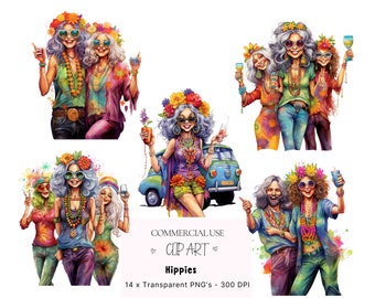Paquete de imágenes prediseñadas de mujeres hippies, descarga digital, camioneta bohemia de la paz, imágenes prediseñadas PNG de mujeres hippies, diseño de taza PNG de hippies, diseño de camiseta