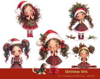 May include: Four digital illustrations of girls wearing red and white Christmas outfits. The girls are wearing Santa hats, red and green plaid dresses, and have long brown hair. One girl is holding a candy cane, another is holding a gift, and another is holding a dog. The illustrations are on a white background.