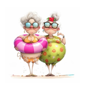 以下が含まれることがあります： ビーチにいる2人の老婦人の漫画イラスト。一人は黄色のビキニを着て、ピンクと白のストライプの浮き輪を持っています。もう一人は緑色の花柄のドレスを着ています。どちらもサングラスをかけており、晴れた日を楽しんでいるようです。