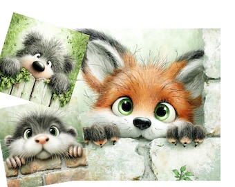 Imágenes prediseñadas de animales del bosque en acuarela, para scrapbooking y diario creativo (descarga digital).