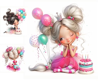 May include: Digital illustration of a girl with silver hair, wearing a pink dress and a crown, holding balloons. A birthday cake with candles is nearby. Other images show similar scenes with different colour schemes.