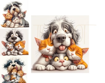 Watercolor Funny Dog & Cat Clipart, Commercial Use (Digital Download)