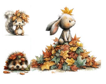Woodland Animals Clipart, Watercolour Autumn Leaves JPGs -  Digital Download