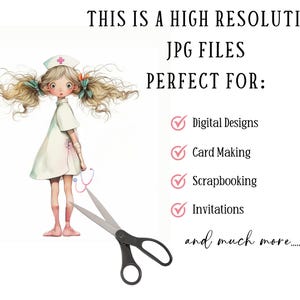 Peut inclure: Illustration num&eacute;rique d'une infirmi&egrave;re de dessin anim&eacute; aux cheveux blonds portant une robe blanche et une croix rouge sur son chapeau. Elle tient un st&eacute;thoscope et une paire de ciseaux se trouve au premier plan. Le texte "THIS IS A HIGH RESOLUTION JPG FILES PERFECT FOR: Digital Designs Card Making Scrapbooking Invitations and much more..." est sous l'image.