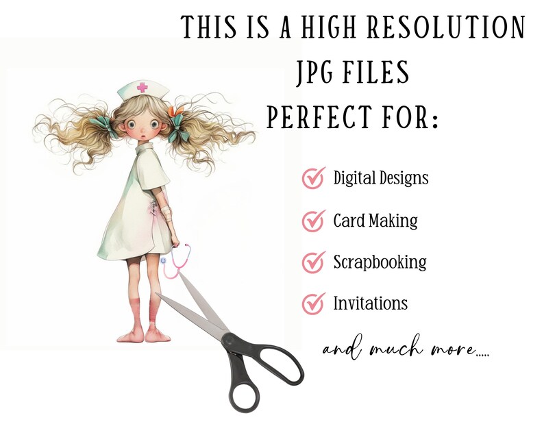 Peut inclure: Illustration num&eacute;rique d'une infirmi&egrave;re de dessin anim&eacute; aux cheveux blonds portant une robe blanche et une croix rouge sur son chapeau. Elle tient un st&eacute;thoscope et une paire de ciseaux se trouve au premier plan. Le texte "THIS IS A HIGH RESOLUTION JPG FILES PERFECT FOR: Digital Designs Card Making Scrapbooking Invitations and much more..." est sous l'image.