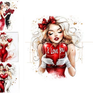 14 fichiers JPG aquarelles haute résolution pour la Saint-Valentin, pour la journalisation indésirable, fantaisiste, fabrication de cartes, clipart amour, original Saint-Valentin fantaisiste