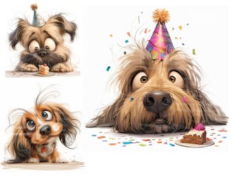 Puede incluir: Tres perros de dibujos animados con gorros de fiesta y ojos grandes. Un perro mira un pastel pequeño con una sola vela. Otro perro lleva un gorro de fiesta y mira al espectador. El tercer perro mira hacia arriba con una expresión curiosa.
