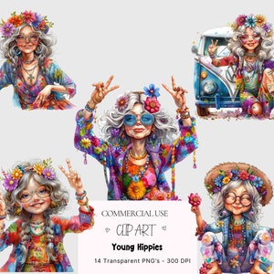 Bundle de clipart filles hippie, téléchargement numérique, Boho Peace Van, hippie femmes PNG Hippie Clipart, hippies PNG tasse hippie design, conception de t shirt