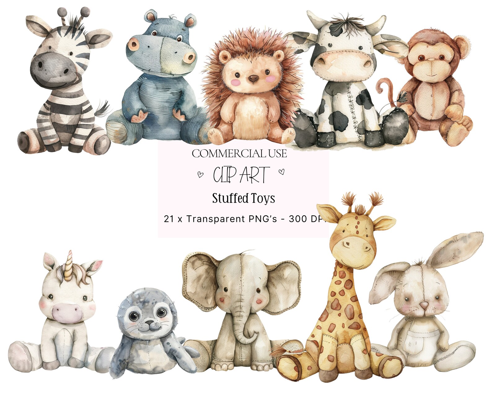 Watercolor Stuffed Animal Clipart Bundle, Vintage Nursery PNG ...