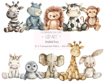 Watercolor Stuffed Animal Clipart Bundle, Vintage Nursery PNG (Commercial Use)