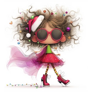 Chica navideña peculiar 12 archivos JPG de acuarela de alta resolución para diario basura, álbumes de recortes, fabricación de tarjetas, kit de descarga digital, fantasía, Navidad