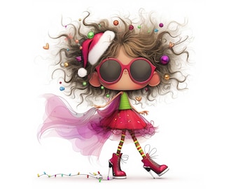 Christmas Girl Watercolor Clipart, Whimsical JPG Designs - Digital Download