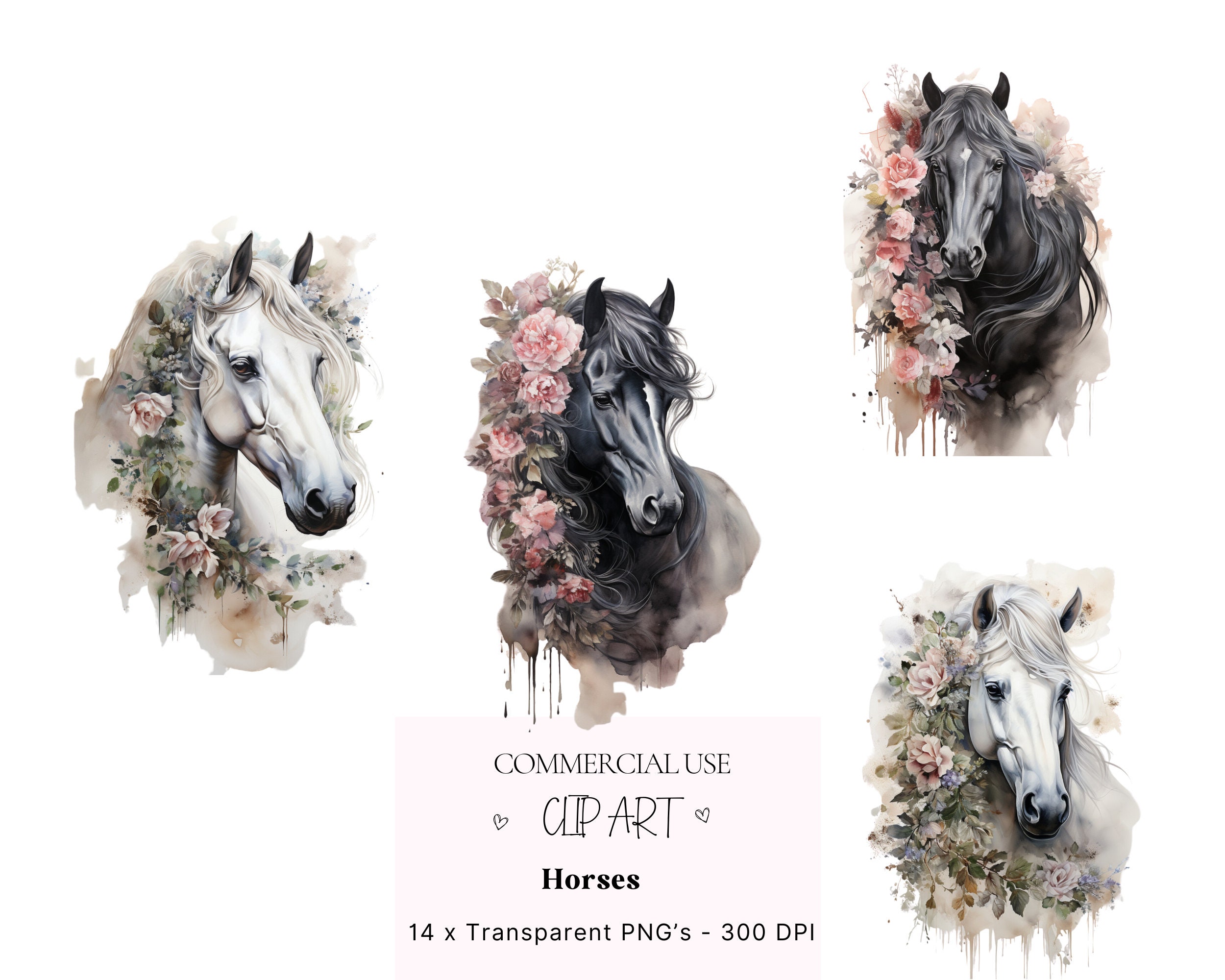 14 Floral Horses Clipart, Printable Watercolour Clipart, High Quality ...