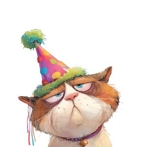 May include: A grumpy-looking cat wearing a party hat with colorful polka dots and a green pom-pom. The cat has orange and white fur, blue eyes, and a purple collar with a bell. The image has a white background.