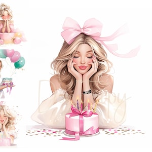 Birthday Girls Clipart Party Clipart Printable Watercolour clipart High Quality 12 JPG Paper craft junk journals, Birthday Clipart Balloons