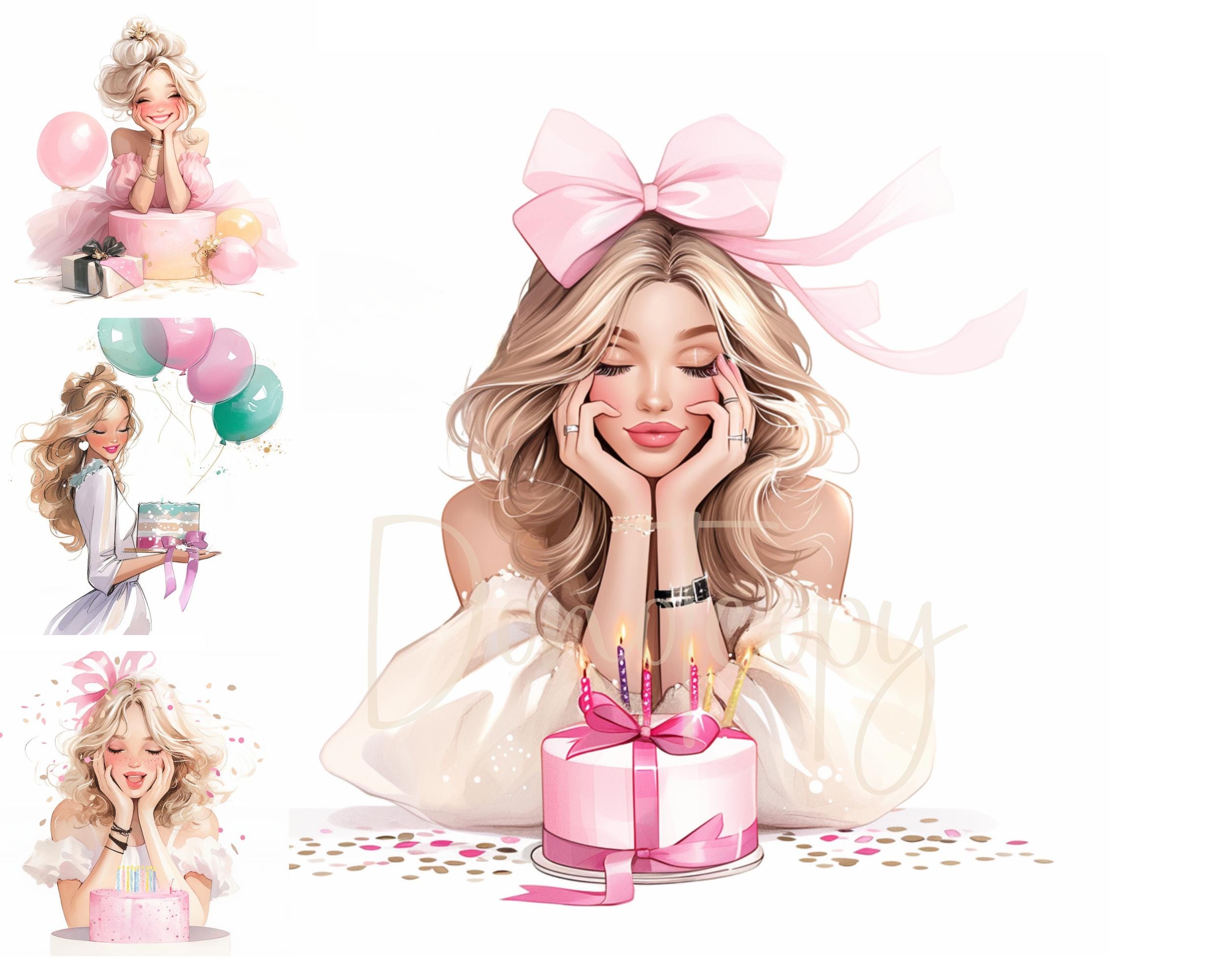 Birthday Girls Clipart Party Clipart Printable Watercolour clipart High Quality 12 JPG Paper craft junk journals, Birthday Clipart Balloons