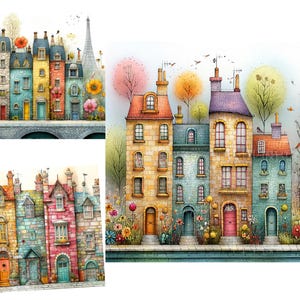 Whimsical Row of Houses Clipart Bundle 12 High Res Watercolour JPGs for Junk Journaling, Scrapbooking, Card Making, Digital Download Houses