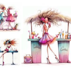 May include: Watercolor illustrations depicting women at cocktail bars. The images show women in fashionable attire, enjoying drinks. The bars are decorated with tropical elements, and the word "Cocktails" is visible on the bar fronts. The color palette includes pink, blue, and orange.