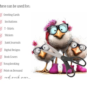 May include: A whimsical illustration features three cartoon chickens wearing glasses and pink boots, with scissors in the foreground. Text lists uses for the image, including greeting cards, t-shirts, and stickers.