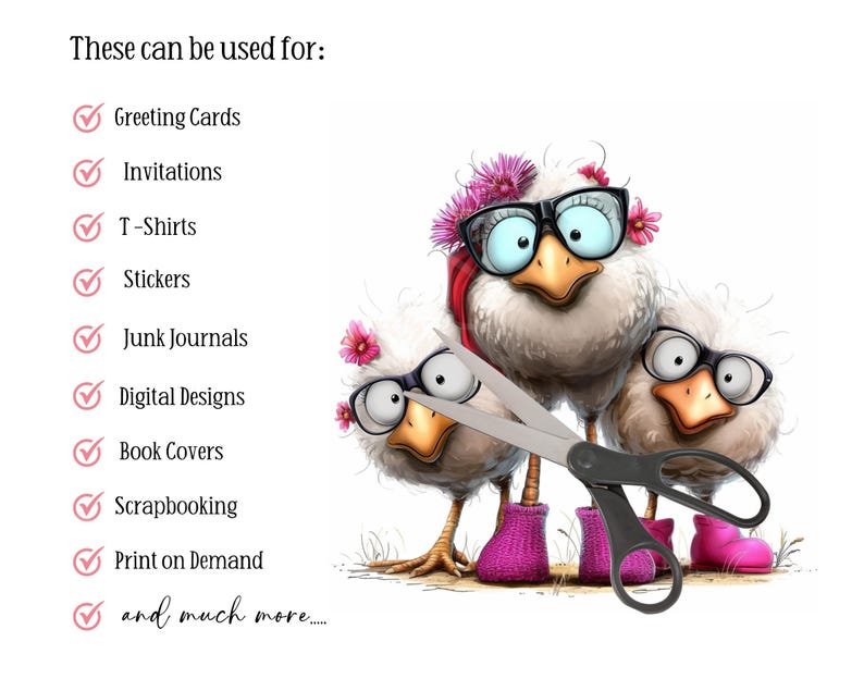 May include: A whimsical illustration features three cartoon chickens wearing glasses and pink boots, with scissors in the foreground. Text lists uses for the image, including greeting cards, t-shirts, and stickers.