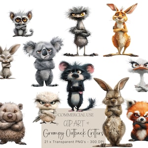 Animais engraçados e mal-humorados, clipart, animais mal-humorados do Outback, coala, clipart de canguru, animais australianos engraçados, clipart de animais australianos